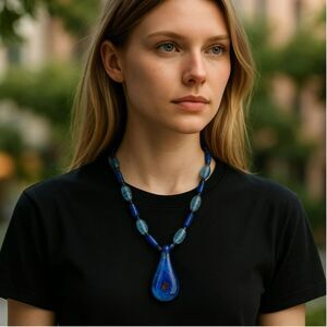 Vintage Czech Fused Glass Pendant Necklace Cobalt Royal Blue Beaded Gold Swirl